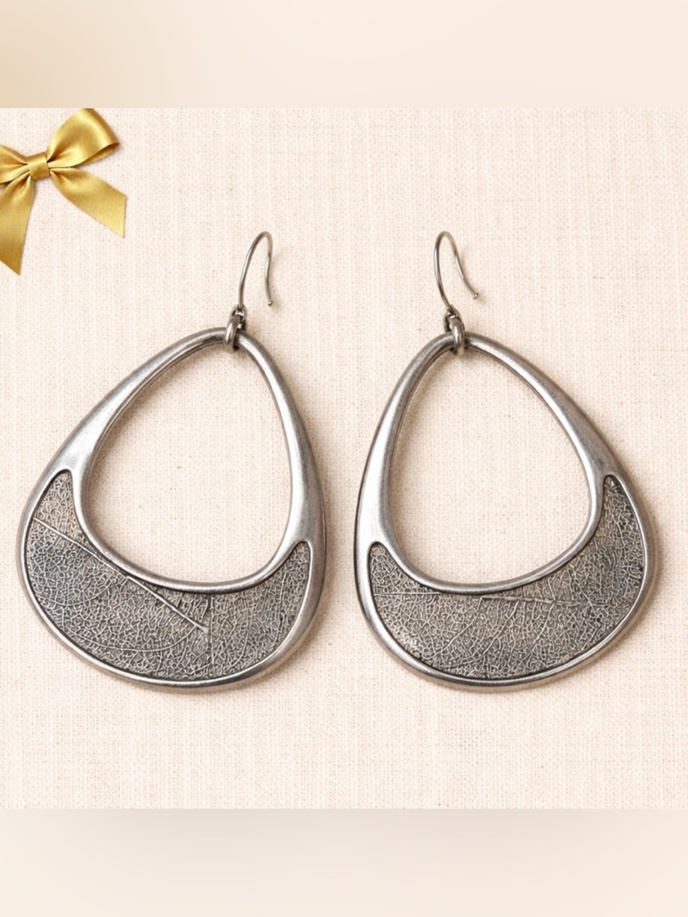 Leaf Texture Drop Earrings Silver Tone Artisan Boho Organic Statement